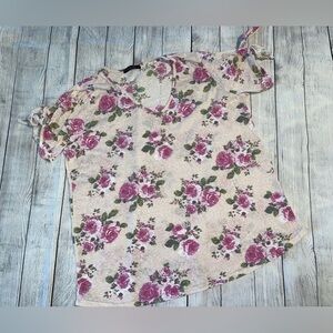 Women’s 2X Short Sleeve Floral Shirt with Tie Sleeves V Neck